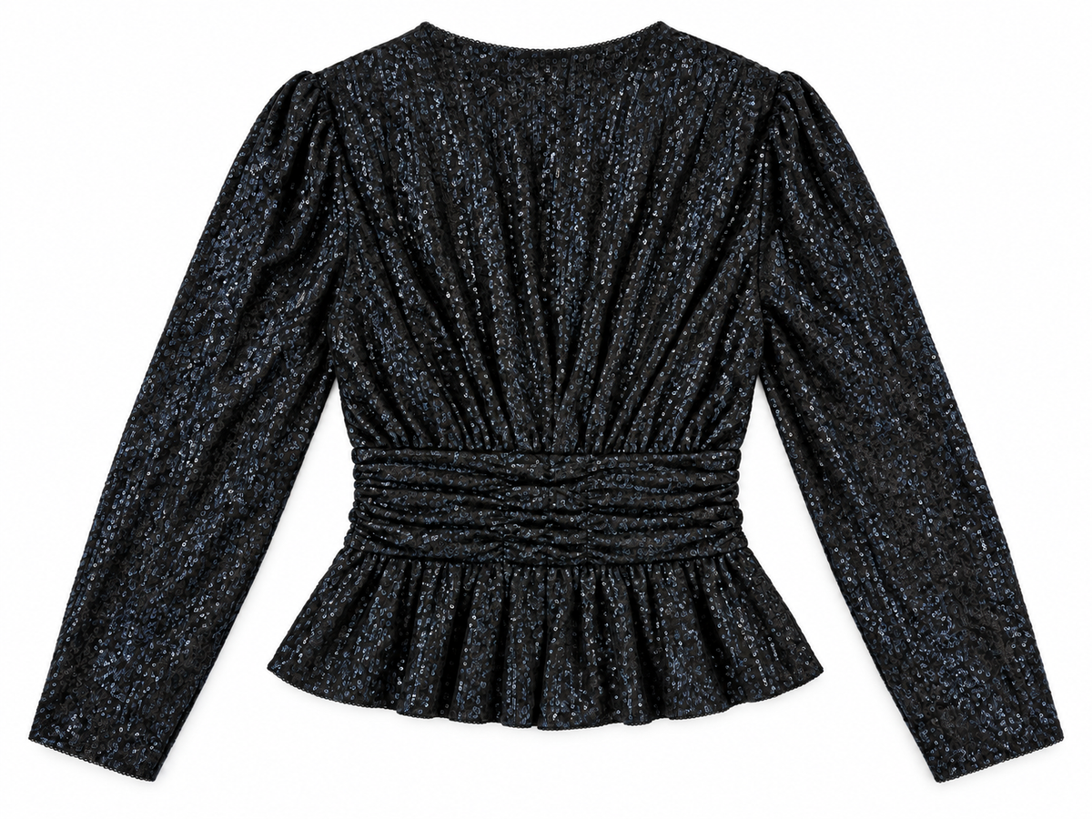 Top in Paillettes Nere con Scollo a V e Fondo Peplum