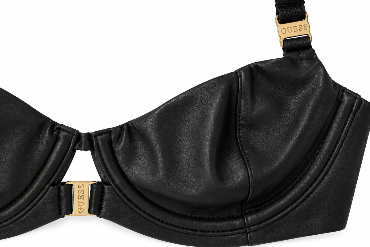 Reggiseno balconcino nero effetto pelle con ferretto e dettagli dorati