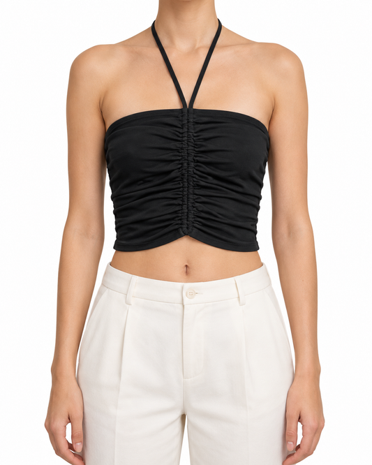 Top Oysho nero con arricciatura e lacci al collo