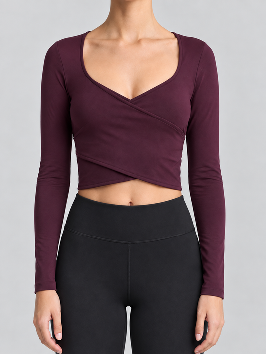 Oysho top incrociato a maniche lunghe color prugna
