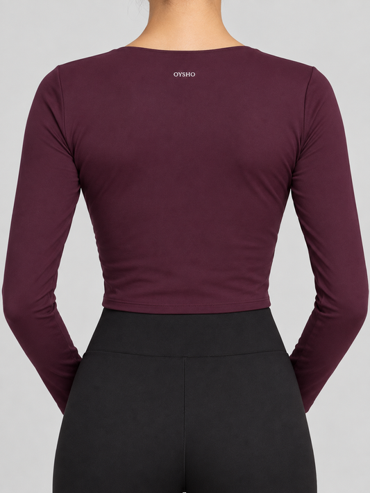 Oysho top incrociato a maniche lunghe color prugna