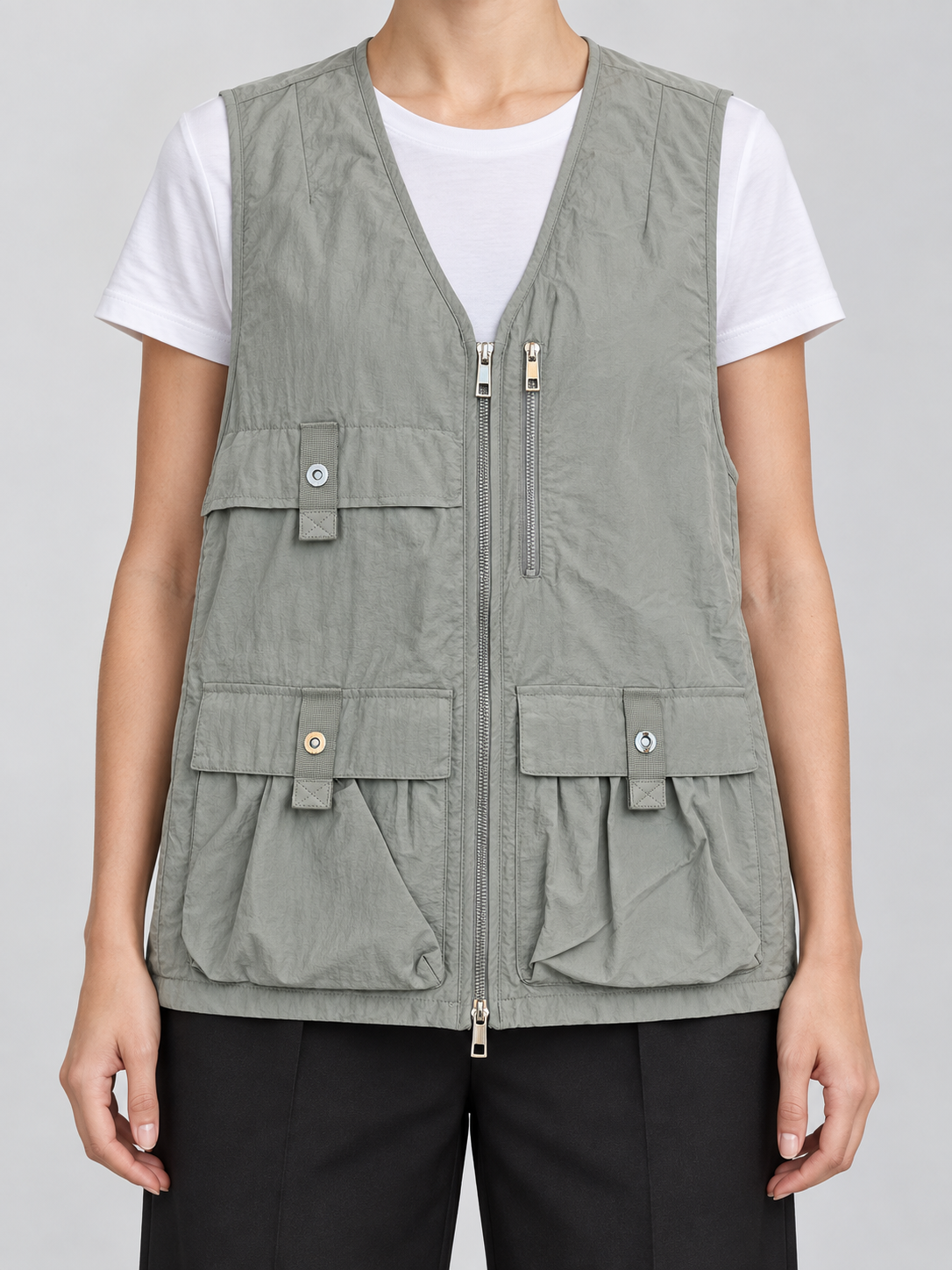 Oysho gilet multitasche verde salvia con zip