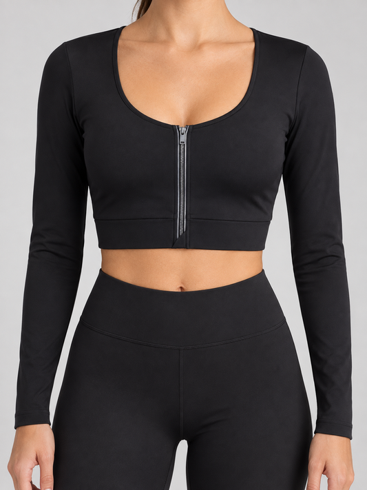 Oysho top sportivo nero a maniche lunghe con zip frontale