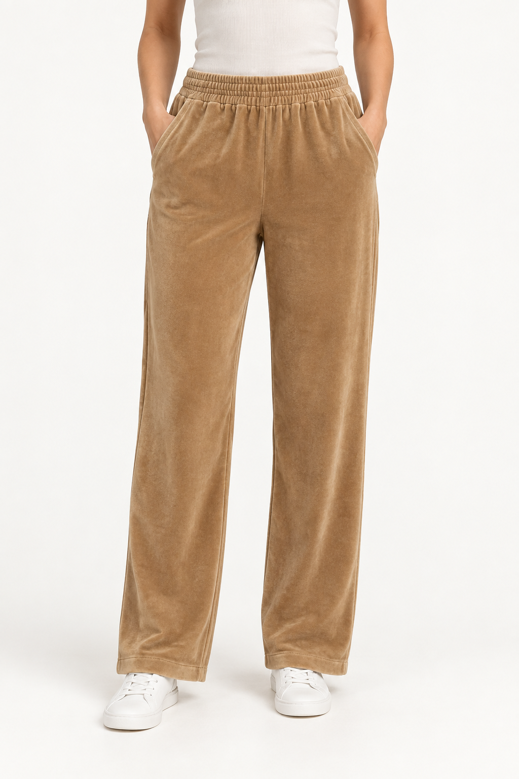 Pantaloni in Velluto Color Cammello a Gamba Ampia