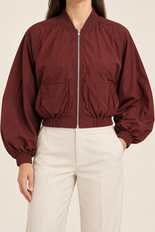 Oysho Bomber Cropped in Nylon Bordeaux