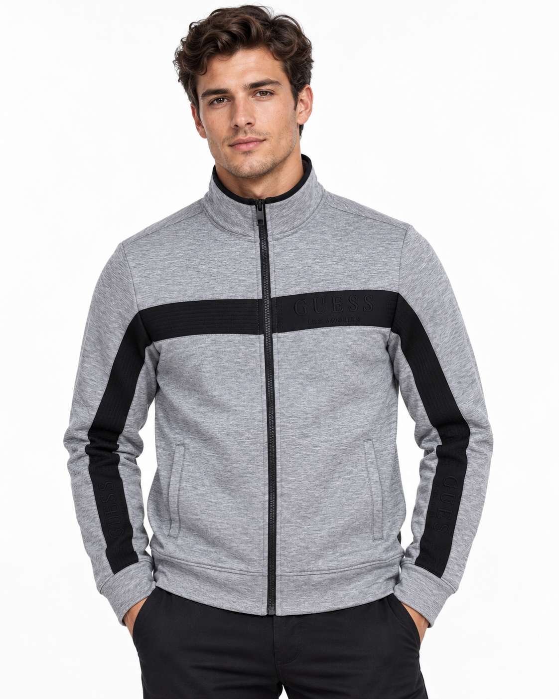 Felpa GUESS uomo con zip e bande logo – Grigio mélange e nero