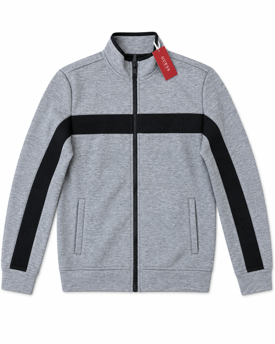 Felpa GUESS uomo con zip e bande logo – Grigio mélange e nero