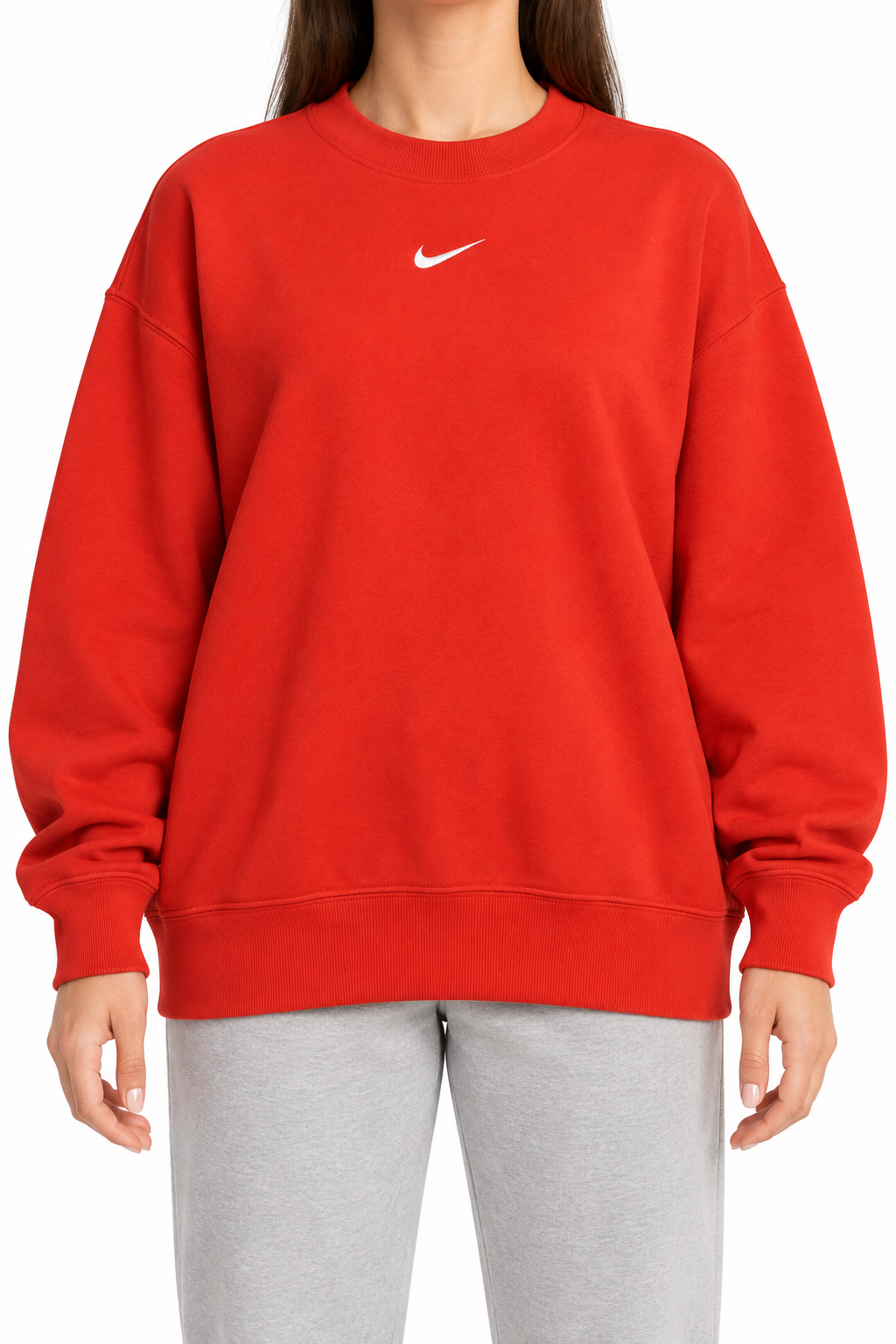 Felpa Girocollo Oversize in Fleece Rosso Intenso con Swoosh Ricamato