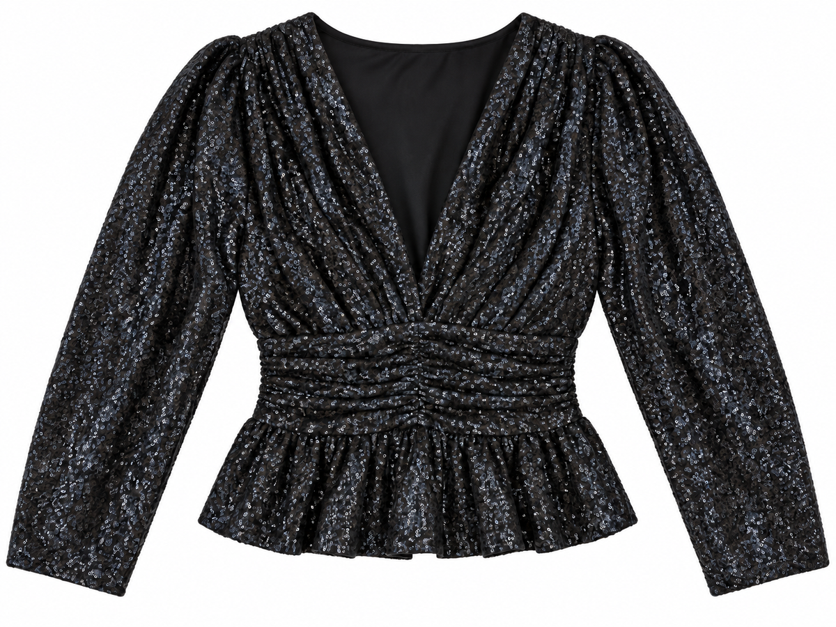 Top in Paillettes Nere con Scollo a V e Fondo Peplum