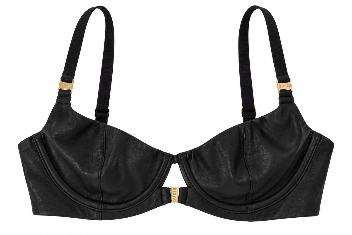 Reggiseno balconcino nero effetto pelle con ferretto e dettagli dorati