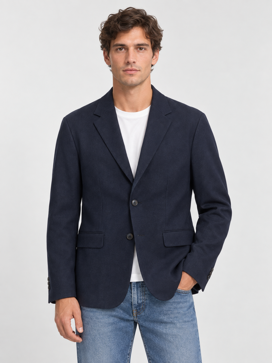 Blazer monopetto blu navy scuro in lana e cashmere