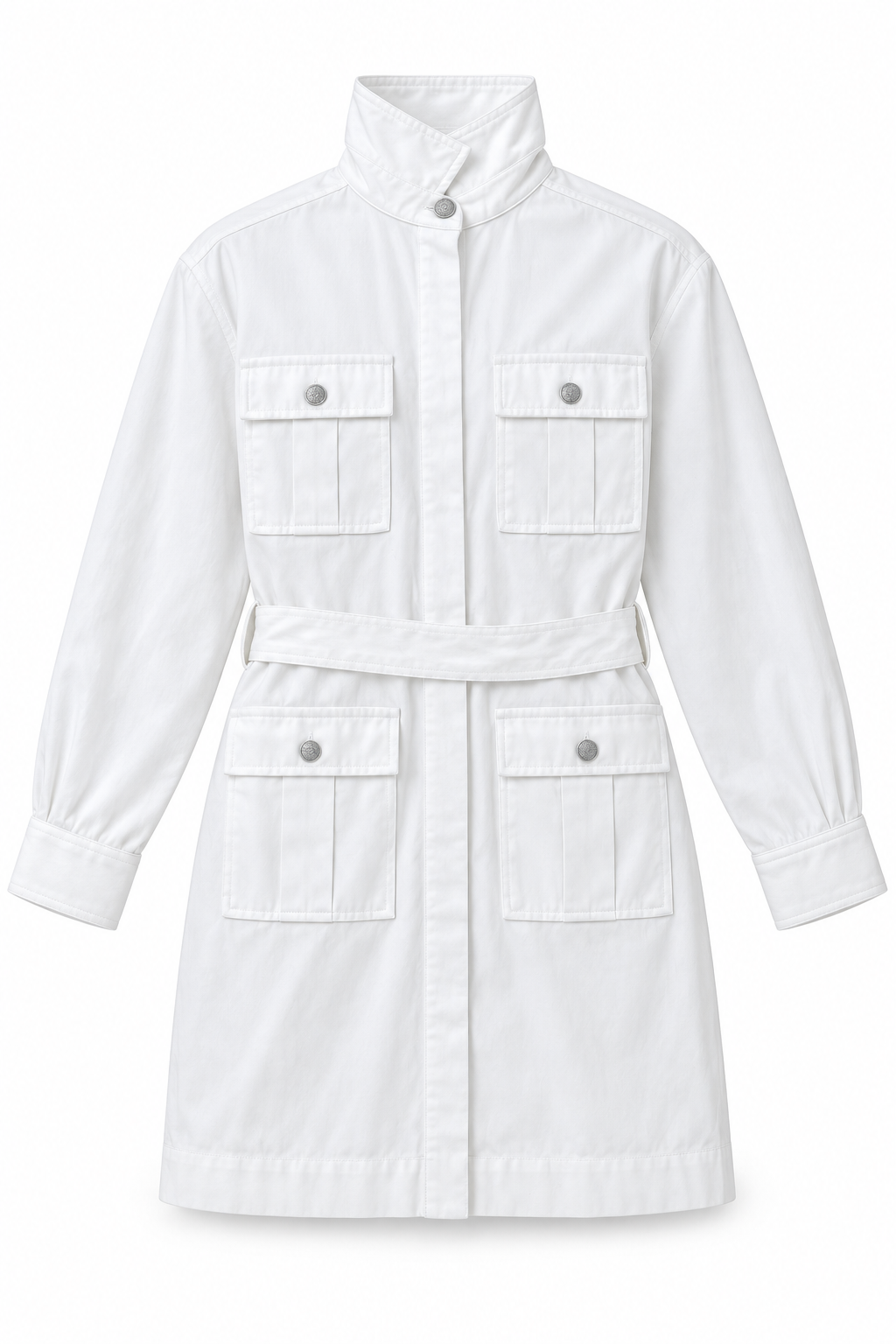 Abito-camicia bianco con cintura e quattro tasche